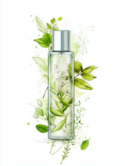Natural skincare routine at home, Modern Line Art + Watercolor, transparent bottle with herbal infusion, fresh leaves and plants, eco-friendly design