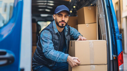 Delivery driver loading boxes into a blue van, wearing a cap and vest, ensuring safe and timely package transport.