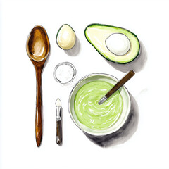 Natural skincare routine at home, Modern Line Art + Watercolor, homemade avocado facial mask ingredients on white background