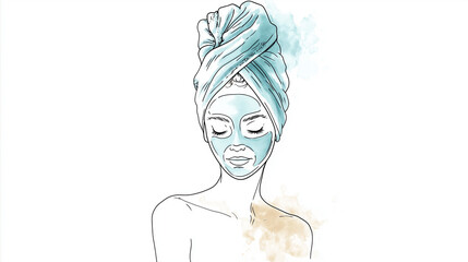 Natural skincare routine at home, Modern Line Art + Watercolor of a woman with a face mask