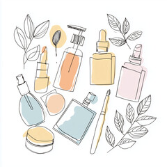 Natural skincare routine at home, Modern Line Art + Watercolor of skincare products and tools