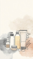Natural skincare routine at home, Modern Line Art + Watercolor with various skincare products on soft watercolor background