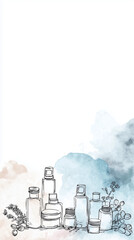 Natural skincare routine at home, Modern Line Art + Watercolor with various beauty bottles on white background