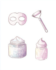 Natural skincare routine at home, Modern Line Art + Watercolor with skincare tools and products