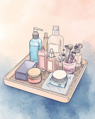 Natural skincare routine at home, Modern Line Art + Watercolor with a collection of skincare and beauty products on a tray