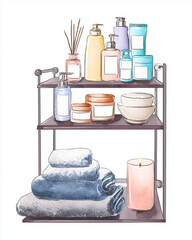 Natural skincare routine at home, Modern Line Art + Watercolor with a shelf of skincare products and towels