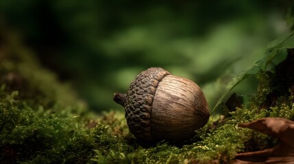 Acorn in Moss-Covered Forest