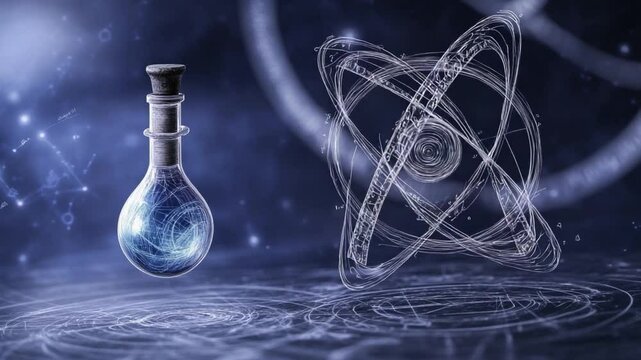 Mystical Potion of Knowledge: A luminescent potion bottle with an atomic structure in a dark, enchanting backdrop, hinting at the wonders of science and knowledge.