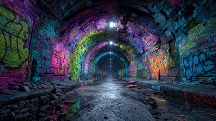 Naklejka premium A colorful tunnel with graffiti on the walls. The tunnel is dark and narrow, with a few lights shining through. The graffiti adds a sense of rebellion and creativity to the space