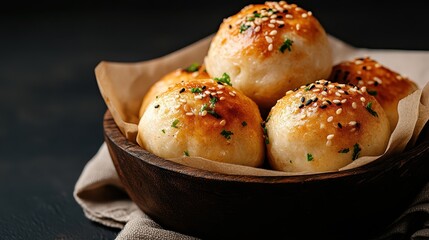 Delicious, freshly baked buns, golden brown and garnished with sesame seeds, served warm in a rustic wooden bowl, perfect for showcasing culinary artistry and indulgence.