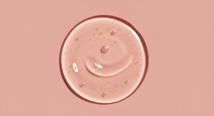 Serum oil sample swatch round shape texture isolated on pastel pink background. cosmetic Hyaluronic acid retinol collagen science lab product