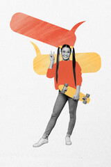 Artwork photo vertical collage of happy korean girl hold skateboard stand bubble chatterbox...
