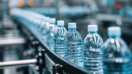 Ultra quality image of close-up of plastic water bottles neatly arranged on a conveyor belt inside a beverage factory, depicting mass production and industrial efficiency in bottling.