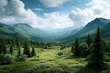 Fototapeta premium A view of a grassy field with trees and mountains in the background