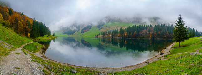 Seealpsee lake, in the Alpstein range, Appenzell