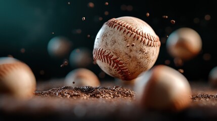 A captivating image of baseballs rolling across a dusty surface, emphasizing motion, sports, and the excitement and intensity of outdoor games and athletic competition.