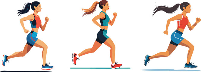 Jogging woman. Women crowd running. Many runners in line. Diverse joggers characters in motion, action. Sport exercise. eps, vector.