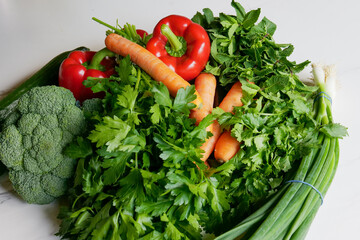 Fresh organic bio vegetables from farmers market, vegetables on kitchen top in home kitchen