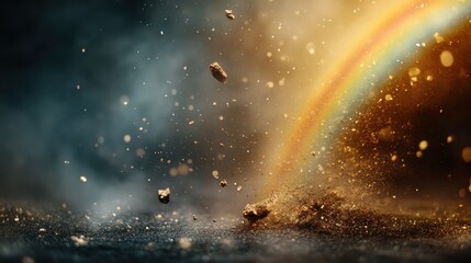 This stunning image captures a vibrant rainbow emerging from a cloud of dust and particles, symbolizing hope and beauty following chaos and disruption in nature.