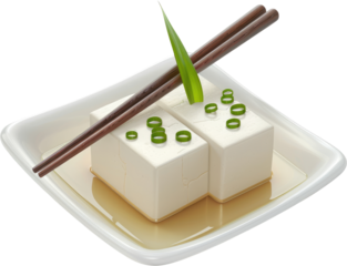 Two blocks of silken tofu on a dish, garnished with green onions and chopsticks.