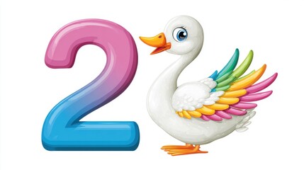Obraz premium Number 2 illustrated as a graceful cartoon swan with bright colors and small wings, joyful and expressive, white background, for kids