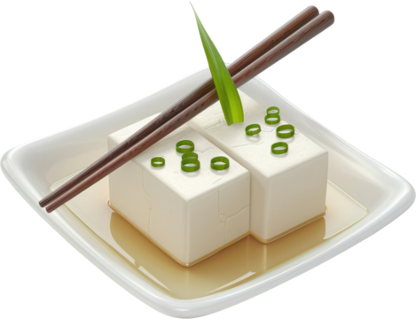 Two blocks of silken tofu on a dish, garnished with green onions and chopsticks.