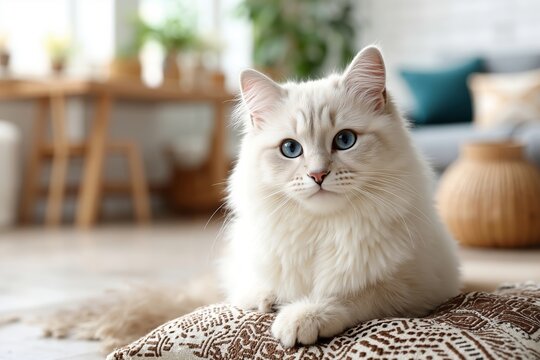 A white cat with blue eyes sitting on a pillow