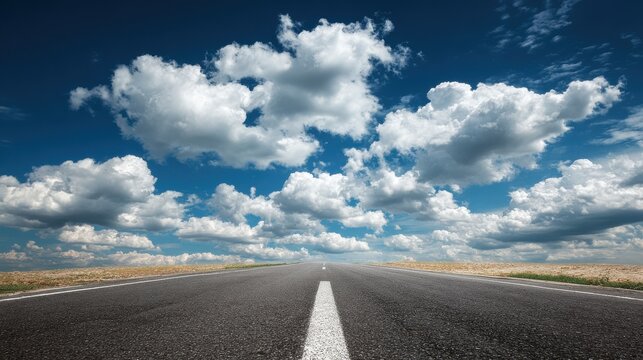 Ultra quality image of empty asphalt road under a blue sky with fluffy white clouds.