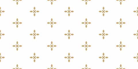 Vector golden floral minimalist seamless pattern. Abstract minimal geometric ornament with flowers in oriental style. Simple gold and white background. Subtle luxury texture. Repeated modern design