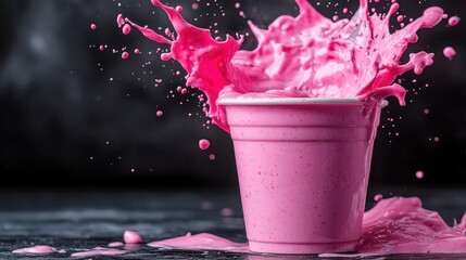 A vibrant pink liquid splashes out of a white cup in a dynamic moment, showcasing energy and vibrancy in an impressive display of motion captured beautifully.