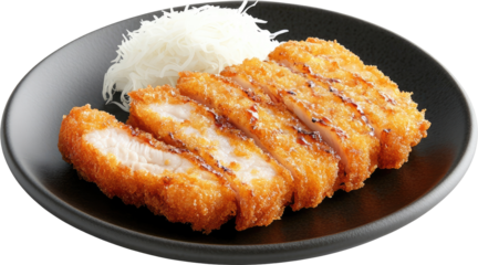 Crispy pork cutlets served on a dark plate.