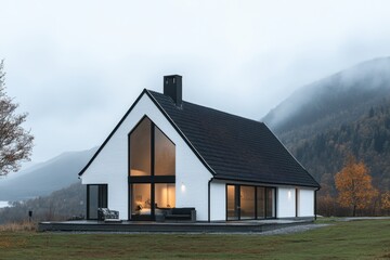 Obraz premium Modern house with large windows overlooks misty mountains and calm lake at dusk, surrounded by autumn foliage in a tranquil setting