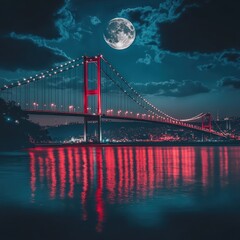 Fototapeta premium Night bridge, full moon, city lights reflect