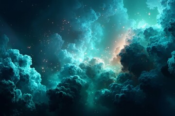 A dark blue sky filled with lots of clouds and stars