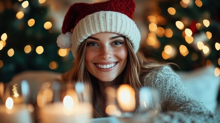 A joyful woman wearing a cozy Santa hat smiles warmly against a backdrop of holiday lights, embodying the festive spirit and warmth of the Christmas season with loved ones.