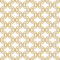 Abstract gold and white ornamental seamless pattern in oriental style. Vector geometric ornament texture with curved lines, mesh, grid, net, lattice. Golden elegant background. Luxury all-over design