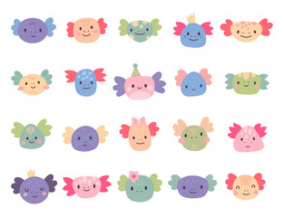 Charming cartoon axolotl face set created for and scandinavian style with cute animal friendly character head for yours illustration and creative designs projects