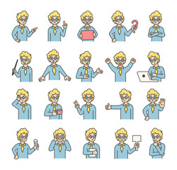 Boy guide character set with human features demonstrate communication, direction, teaching, thinking, celebration, and various emotional reactions for yours illustration and creative designs projects