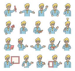 Boy guide character set with hands, books, signs, boards, devices, emotions, communication, presentation, teaching, reading, message, symbols, approval, music, and expressive human poses