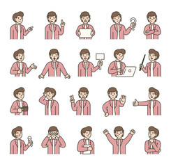 Man guide character set with human features demonstrate communication, direction, teaching, thinking, celebration, and various emotional reactions for yours illustration and creative designs projects