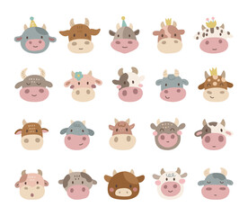 Charming cartoon cow face set created for and scandinavian style with cute animal friendly character head for yours illustration and creative designs projects