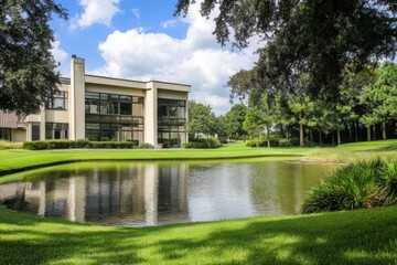 A contemporary structure stands gracefully next to a tranquil pond, nestled within a vibrant green landscape on a sunny day, adorned with scattered clouds and flourishing trees