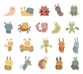 Fototapeta na wymiar Animal insect character in scandinavian style set with cute worm snail beetle ant fly flea spider scorpion mantis mosquito created for charming cartoon illustrations