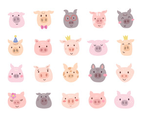 Charming cartoon pig face set created for and scandinavian style with cute animal friendly character head for yours illustration and creative designs projects