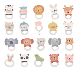 Baby rattle made in scandinavian style set with toy animal head nursery object and ring for toddler and infant comfort for your illustration and design projects