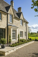 Stunning stone farmhouse with landscaped gardens set against a picturesque countryside backdrop in bright afternoon sunlight