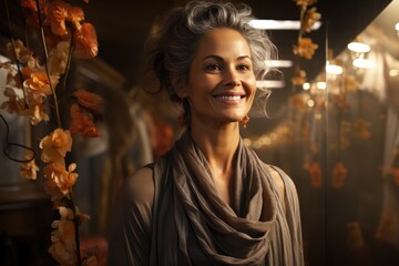 Obraz premium An uplifting portrait of an older woman with elegant gray hair, wearing warm tones, radiating joy and positivity in a beautifully decorated atmosphere filled with flowers.