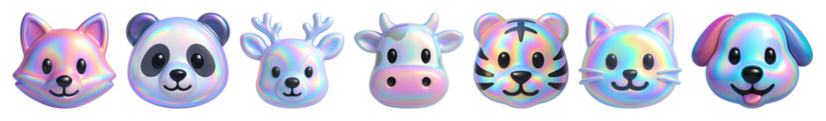 PNG Colorful holographic animal faces, element set on transparent background