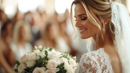 A stunning bride beams with joy while holding a delicate bouquet of roses, captured in a moment of love and anticipation during a wedding ceremony.