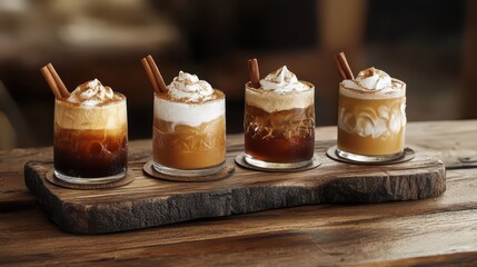 A rustic wooden board displaying four craft iced coffees in varying shades, each garnished with whipped cream and a cinnamon stick
